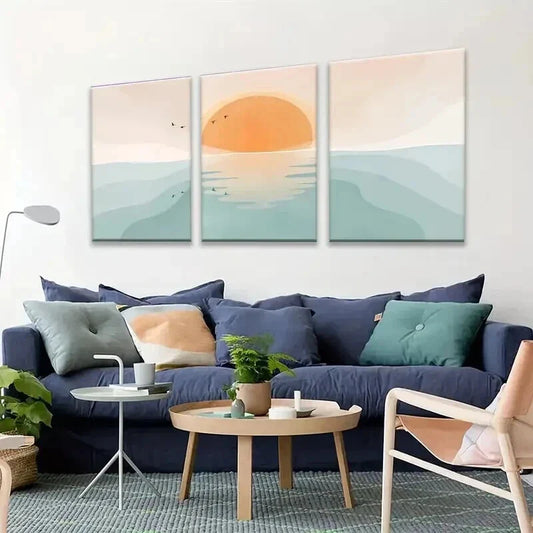 3pcs Sunset Ocean Waves with Birds Wall Art Set Canvas Framed 40x60cm - High Quality Print 100% Australian Made Wall Canvas Ready to Hang