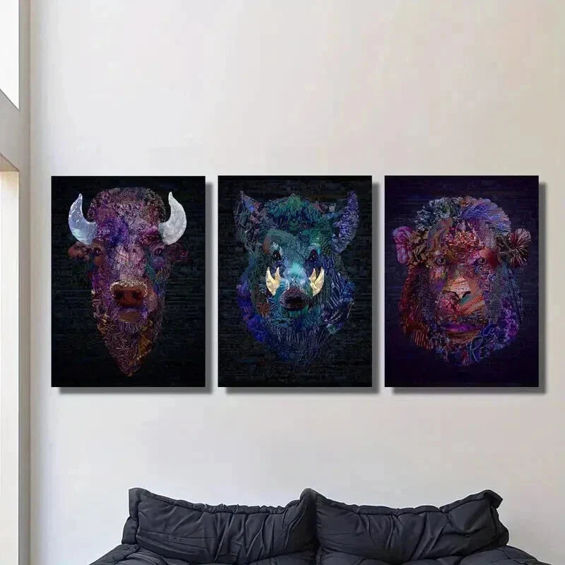 3pcs The Heads of Bulls Boars and Monkeys Wall Art Set Canvas Framed 40x60cm - High Quality Print 100% Australian Made Wall Canvas Ready to Hang