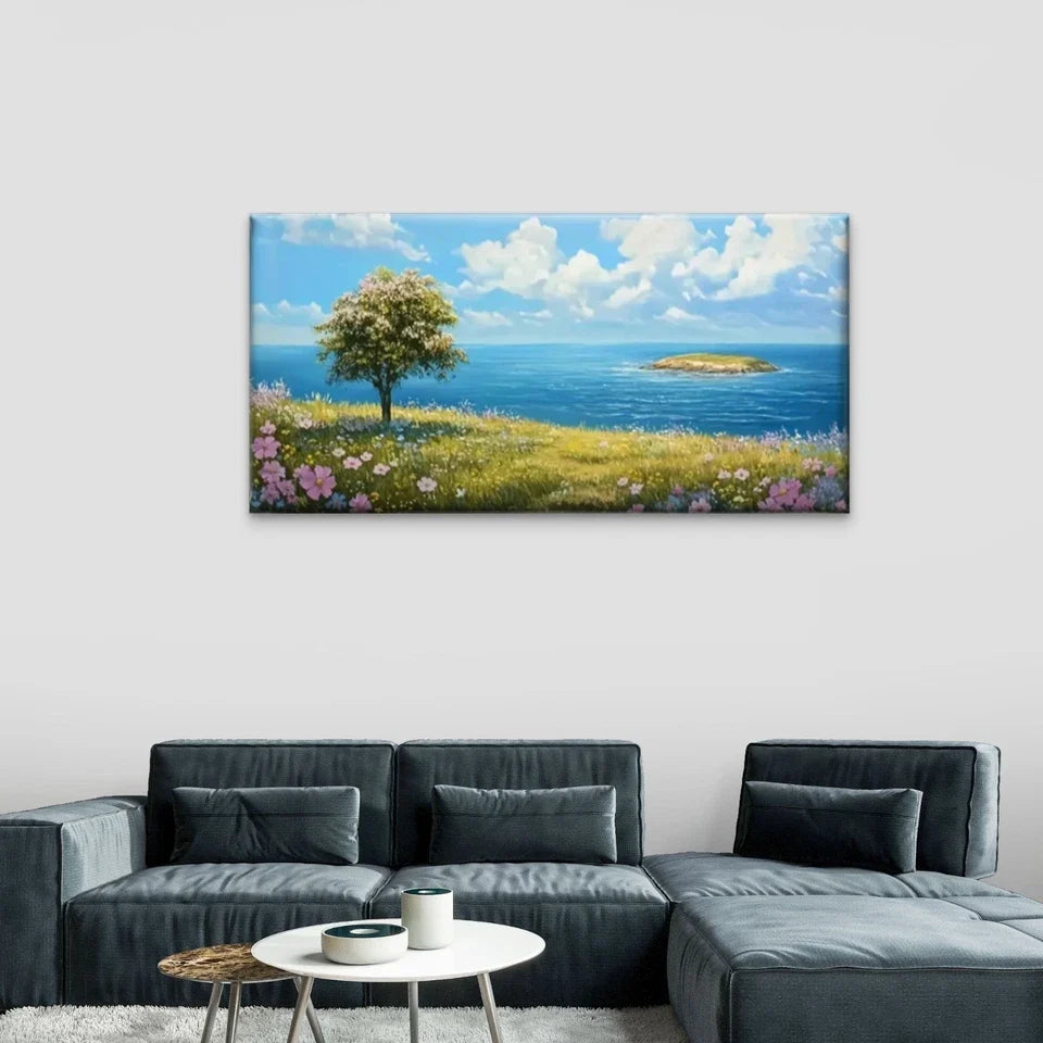 Trees Hill Overlooking Ccean Wall Art Canvas Office Home Room Framed 120x60cm