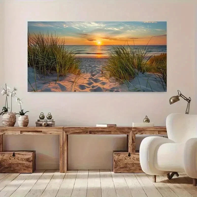 Modern Beach Sunset Scene Shore Wall Art Canvas Office Home Room Framed 120x60cm
