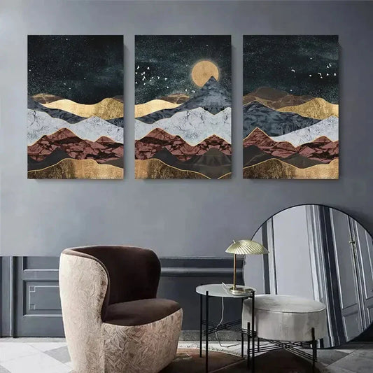 3pcs Mountain, Sun & Golden Foil Design Metal Print Ready to Hang Art