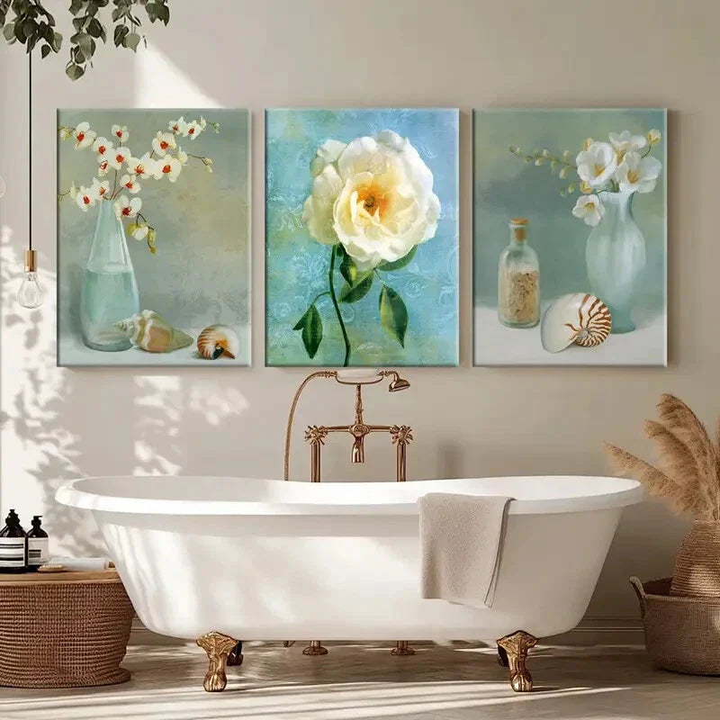 3pcs White Flower Fantasy Bottle White Rose Blue Wall Art Set Canvas Framed 40x60cm - High Quality Print 100% Australian Made Wall Canvas Ready to Hang