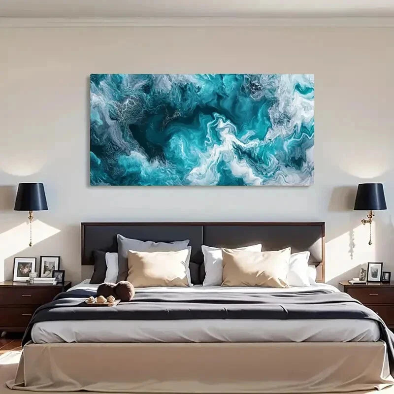 Abstract Blue Tones Dynamic Wall Art Canvas Office Home Room Framed 80x45cm