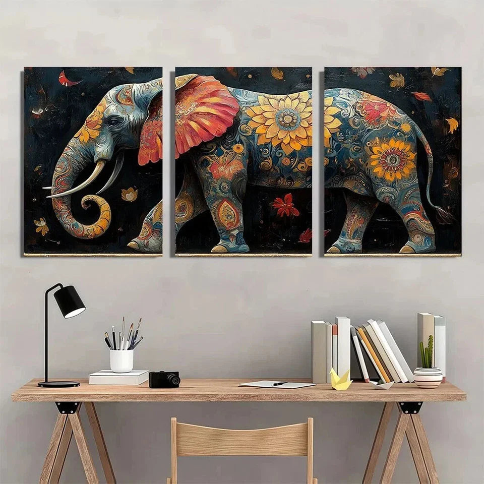 3pcs Vibrant Boho Elephant Floral Designs Metal Print Ready to Hang Art