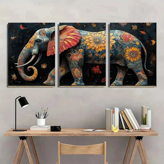 3pcs Vibrant Boho Elephant Floral Designs Metal Print Ready to Hang Art