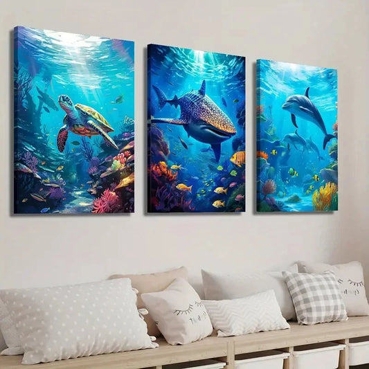 3pcs Underwater World Coral Reef With Animals Wall Art Set Canvas Framed 40x60cm - High Quality Print 100% Australian Made Wall Canvas Ready to Hang
