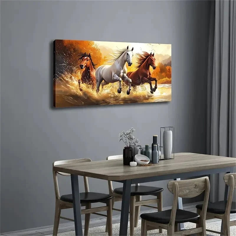 Majestic Three Galloping Horses Wall Art Canvas Office Home Room Framed 120x60cm