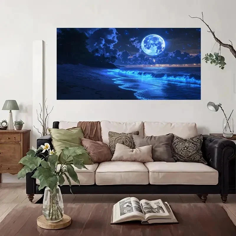 Moon Beach Night Sky Wall Art Canvas Office Home Room Framed 120x60cm