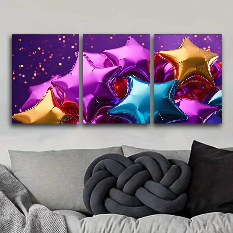3pcs Star-Shaped Balloons Colorful Wall Art Set Canvas Framed 40x60cm - High Quality Print 100% Australian Made Wall Canvas Ready to Hang