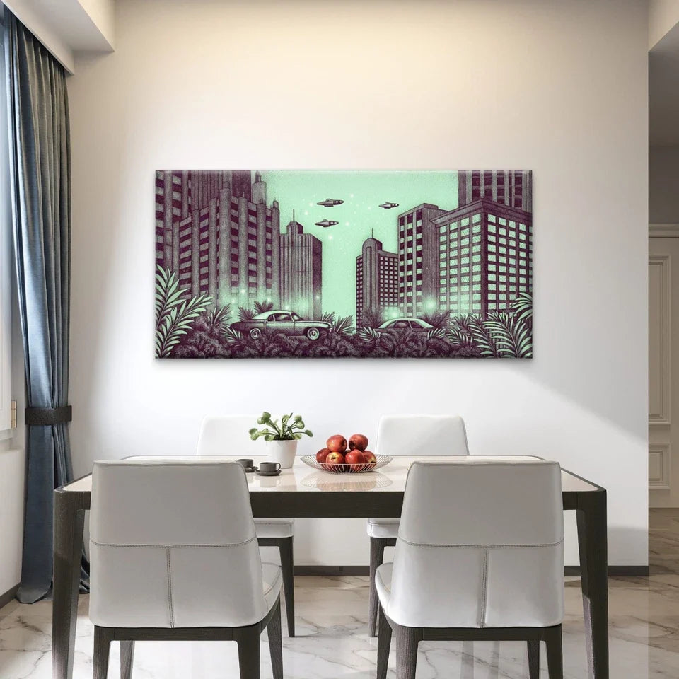 Alien Night City Wall Art Canvas Office Home Room Framed 80x45cm