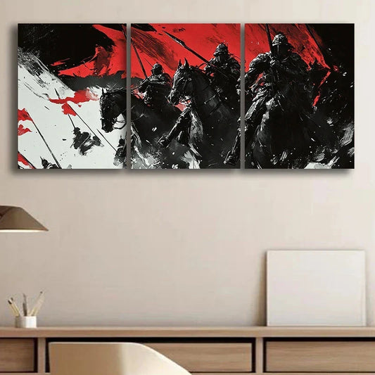 3pcs Warrior Black Horses Red & Black Themed Metal Print Ready to Hang Art