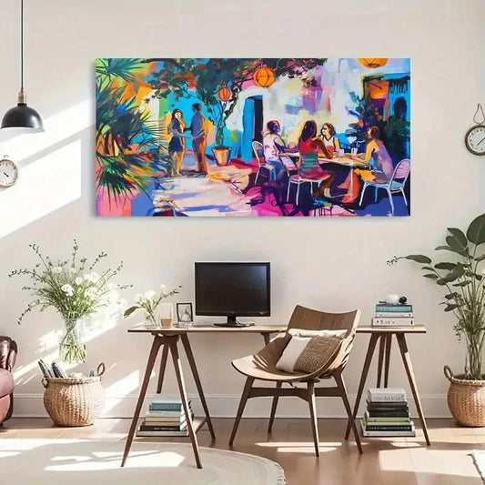 Vibrant Garden Party Scene Wall Art Canvas Office Home Room Framed 120x60cm
