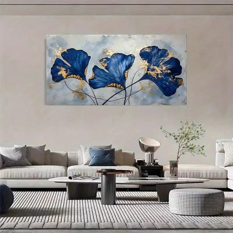 Dark Blue & Golden Foil Ginkgo Wall Art Canvas Office Home Room Framed 120x60cm