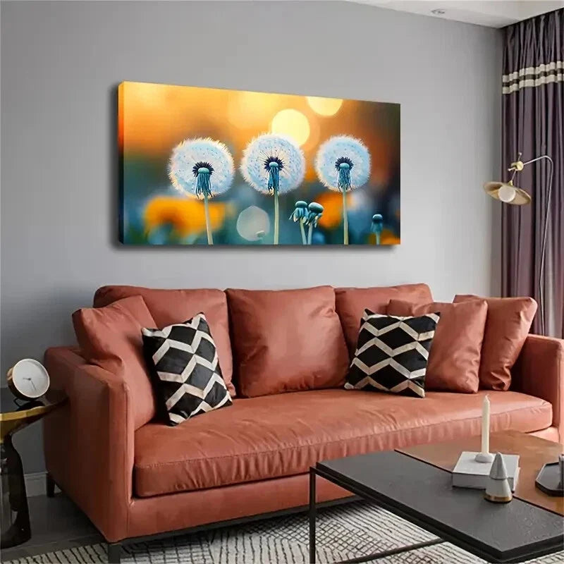 Three Full Dandelions Fluffy Wall Art Canvas Office Home Room Framed 120x60cm