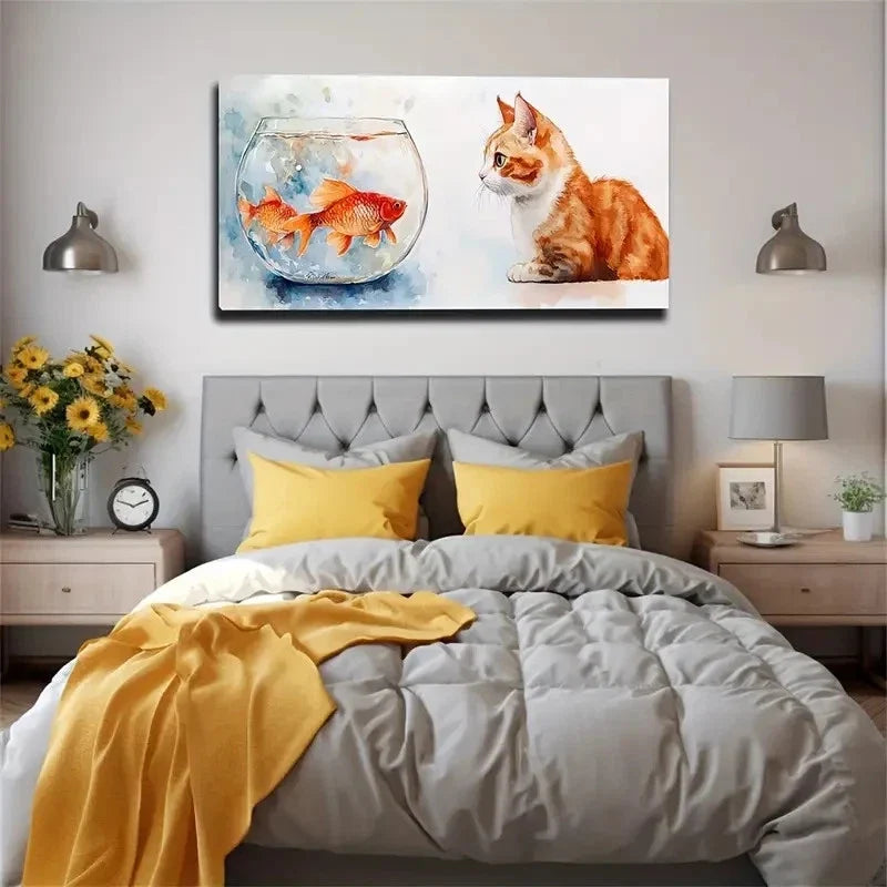 A Cat And A Fish Facing Wall Art Canvas Office Home Room Framed 80x45cm
