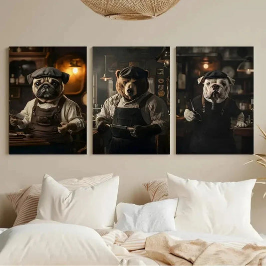 3pcs Vintage Barbershop Pug Barber & Tattoo Metal Print Ready to Hang Art