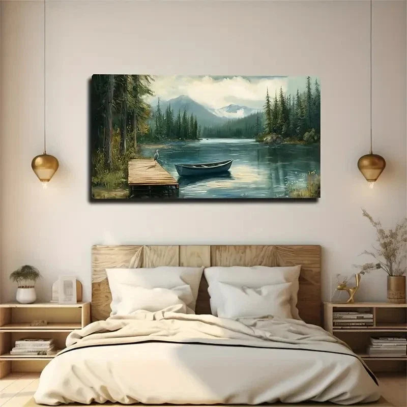A Small Wooden Boat On Lake Wall Art Canvas Office Home Room Framed 80x45cm
