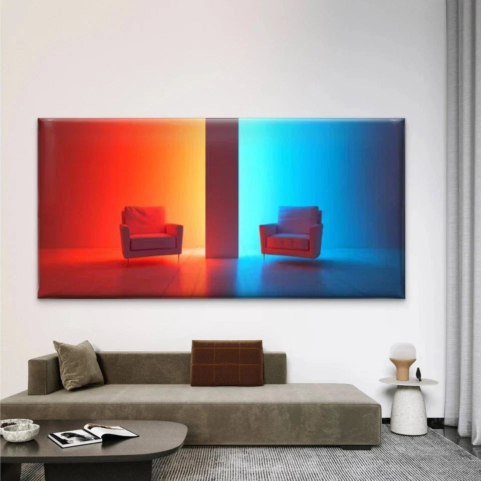 Minimalist Chair Red and Blue Wall Art Canvas Office Home Room Framed 80x45cm