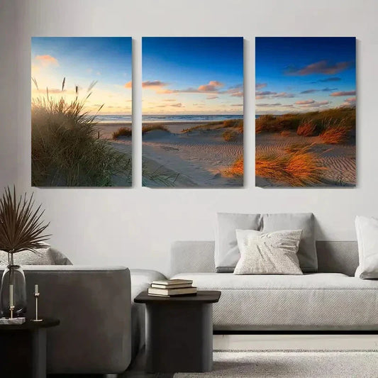 3pcs Sunset Beach Grass Coastal Landscape Metal Print Ready to Hang Art