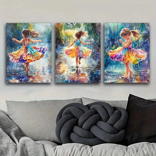3pcs Youngsters Dancing in the Rain Metal Print Ready to Hang Art