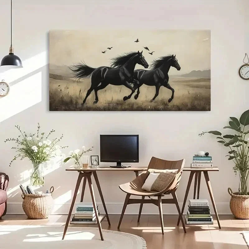 Black Horses Classic Retro Wall Art Canvas Office Home Room Framed 80x45cm
