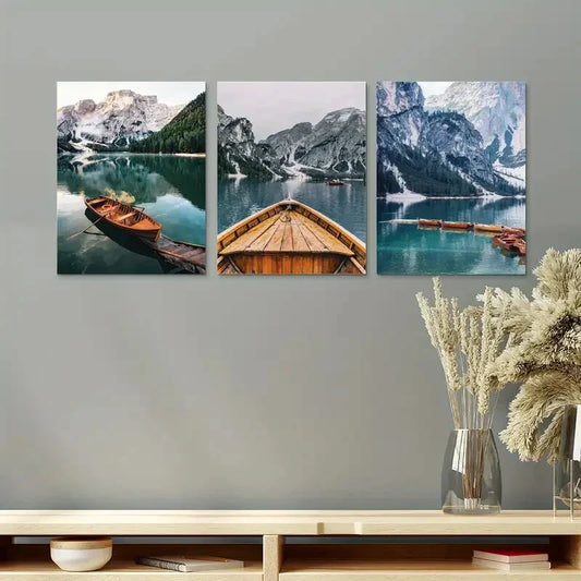 3pcs Mountain Lake Boat Nature Metal Print Ready to Hang Art