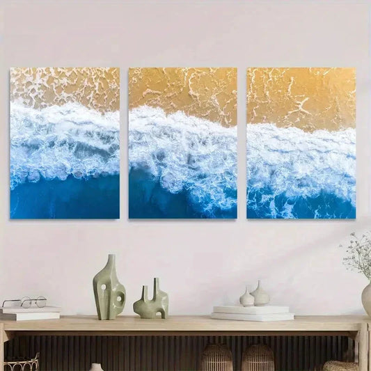 3pcs Coastal Ocean Wave Triptych Vibrant Blue Metal Print Ready to Hang Art