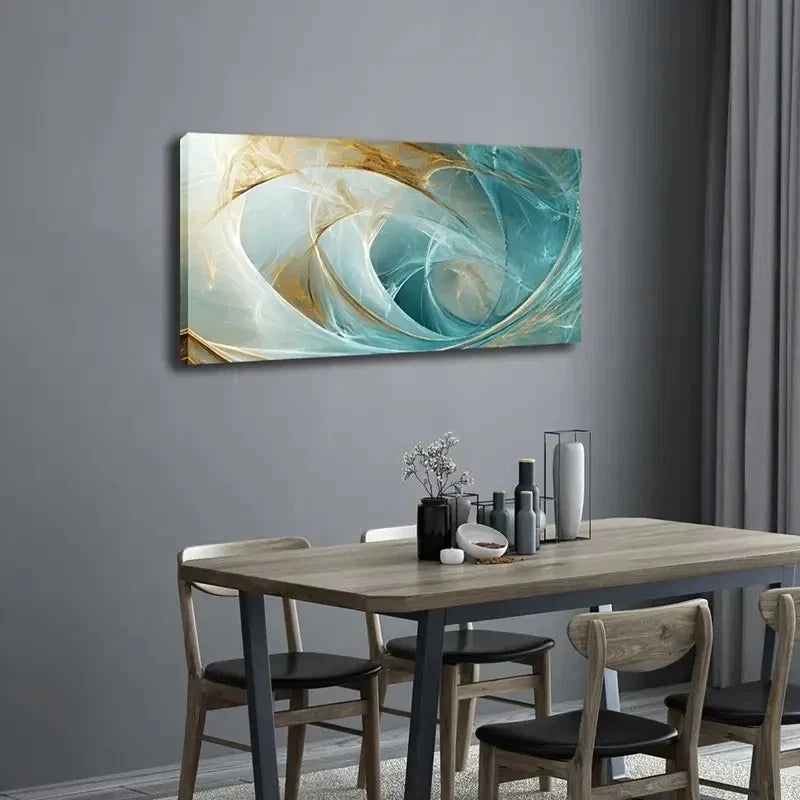 Modern Teal & Golden Marbled Wall Art Canvas Office Home Room Framed 120x60cm