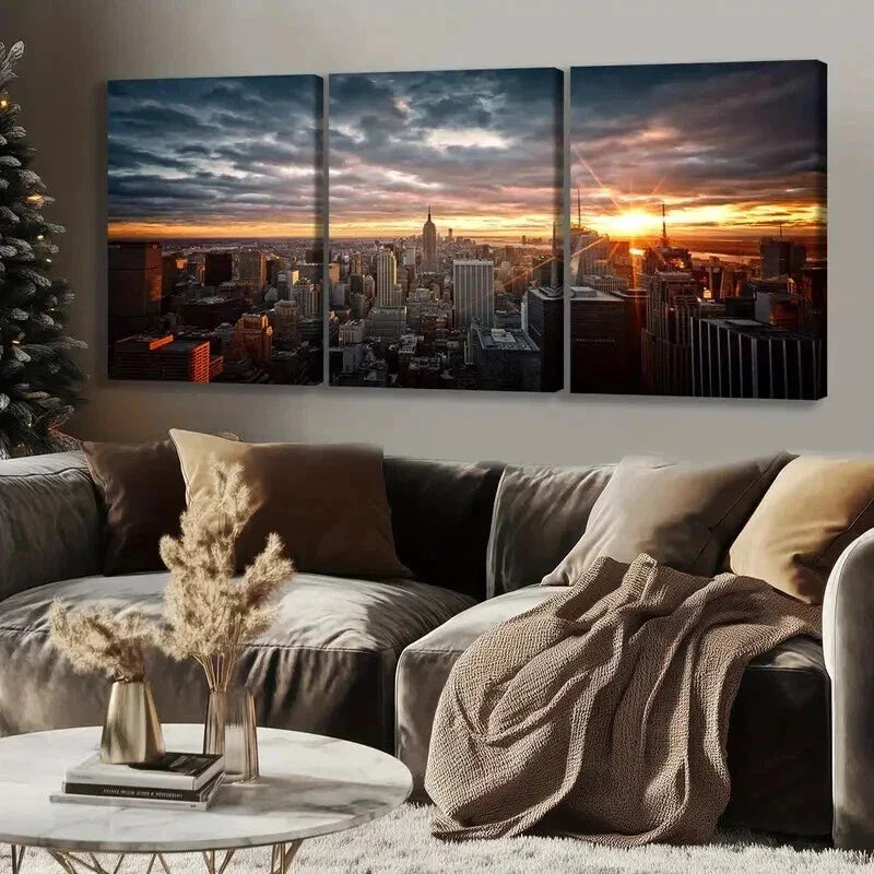 3pcs Vibrant Cityscape Skyscraper Sunset Wall Art Set Canvas Framed 40x60cm - High Quality Print 100% Australian Made Wall Canvas Ready to Hang