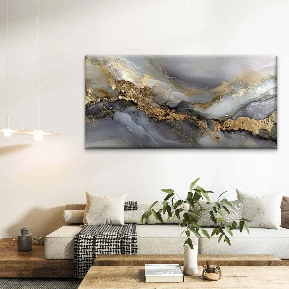 Abstract Golden Leaf Painting Wall Art Canvas Office Home Room Framed 80x45cm
