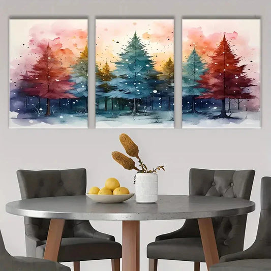 3pcs Christmas Tree Blue & Red Yellow Metal Print Ready to Hang Art