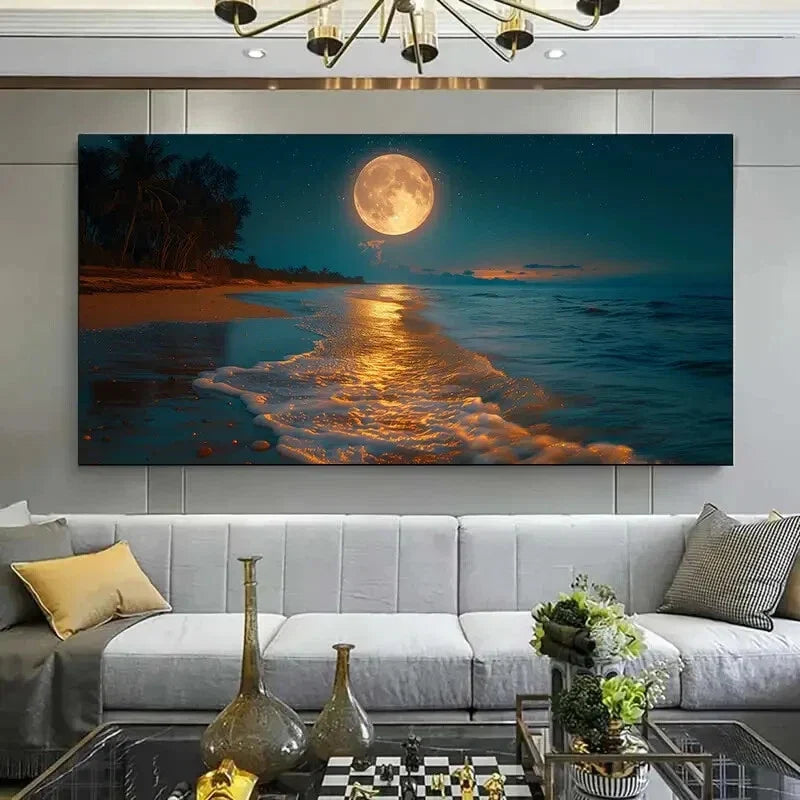 Moon on Beach Natural Night Wall Art Canvas Office Home Room Framed 80x45cm