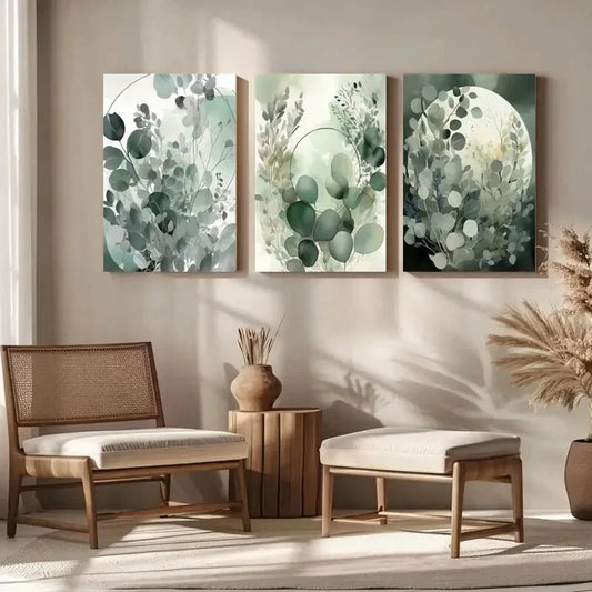 3pcs Sage Green Botanical Minimalist Modern Metal Print Ready to Hang Art