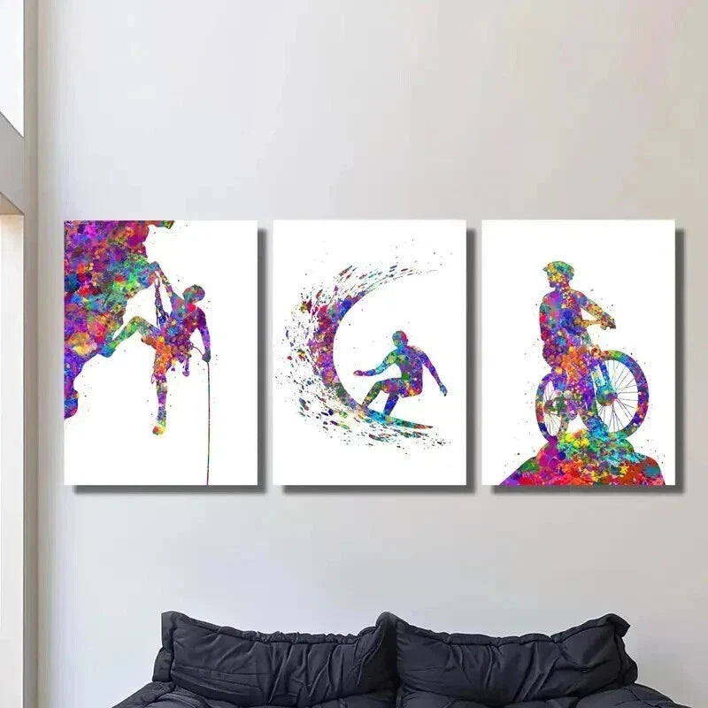 3pcs Colorful Rock Climber Surfer Mountain Biker Wall Art Set Canvas Framed 40x60cm - High Quality Print 100% Australian Made Wall Canvas Ready to Hang
