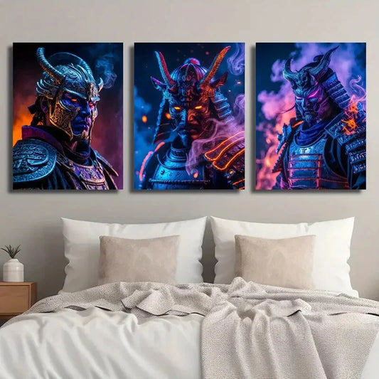 3pcs Samurai Warrior in Armor Demon Mask Vibrant Metal Print Ready to Hang Art