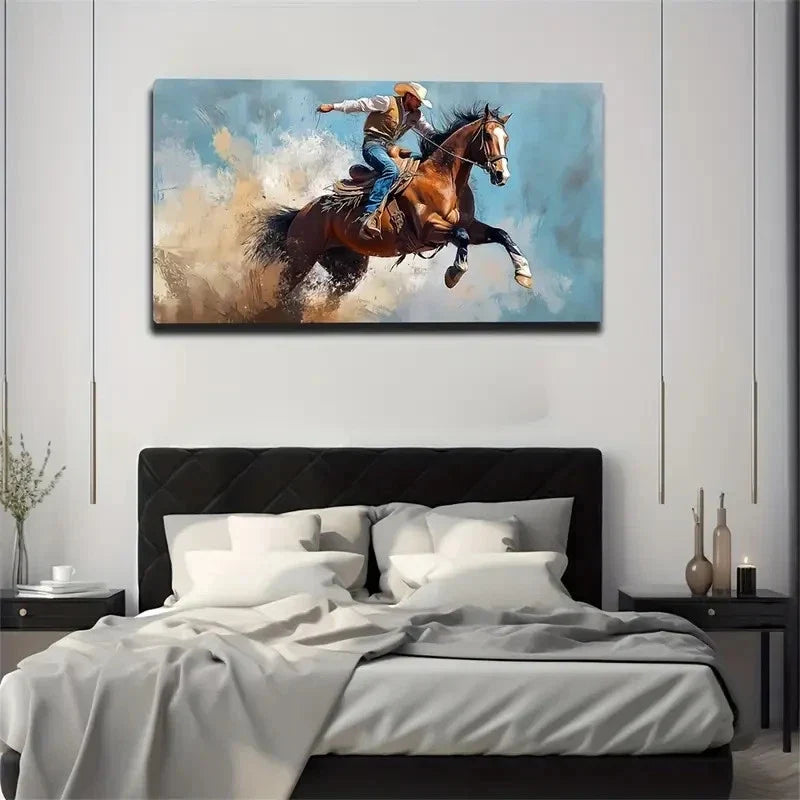 Cowboy On Horseback Wall Art Canvas Office Home Room Framed 120x60cm