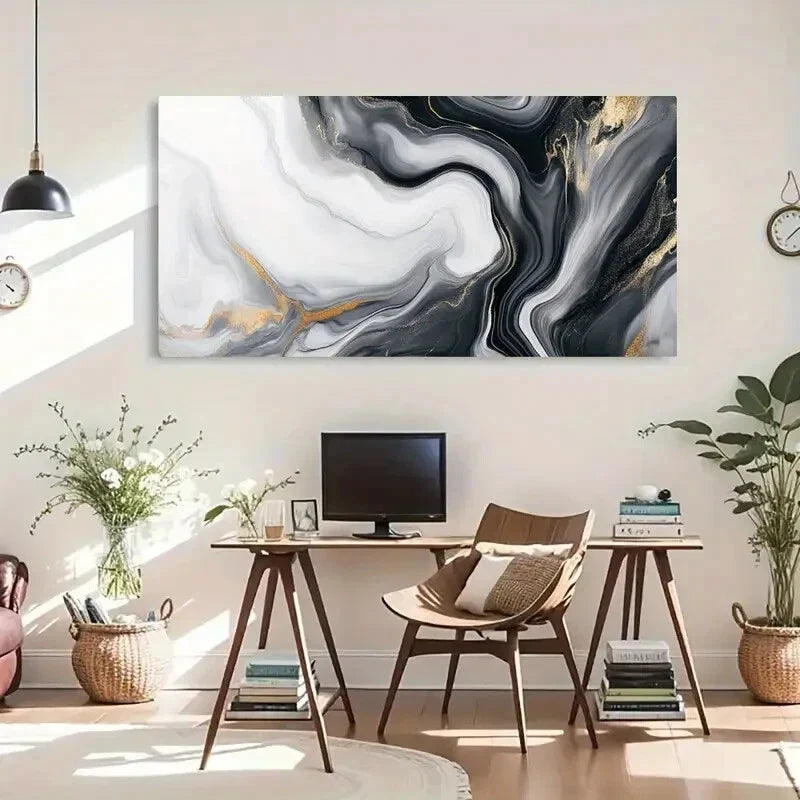 Monochrome Palette Golden Wall Art Canvas Office Home Room Framed 80x45cm