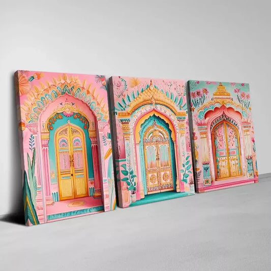 3pcs Elegant Indian Architecture Designs Wall Art Set Canvas Framed 40x60cm - High Quality Print 100% Australian Made Wall Canvas Ready to Hang