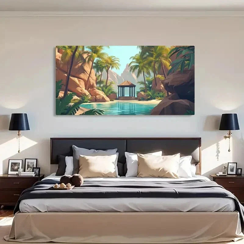 Gazebo And Palm Trees Scene Wall Art Canvas Office Home Room Framed 120x60cm