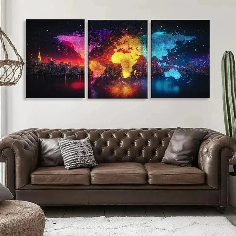 3pcs Geometric World Map with Cityscapes Perfect Wall Art Set Canvas Framed 40x60cm - High Quality Print 100% Australian Made Wall Canvas Ready to Hang