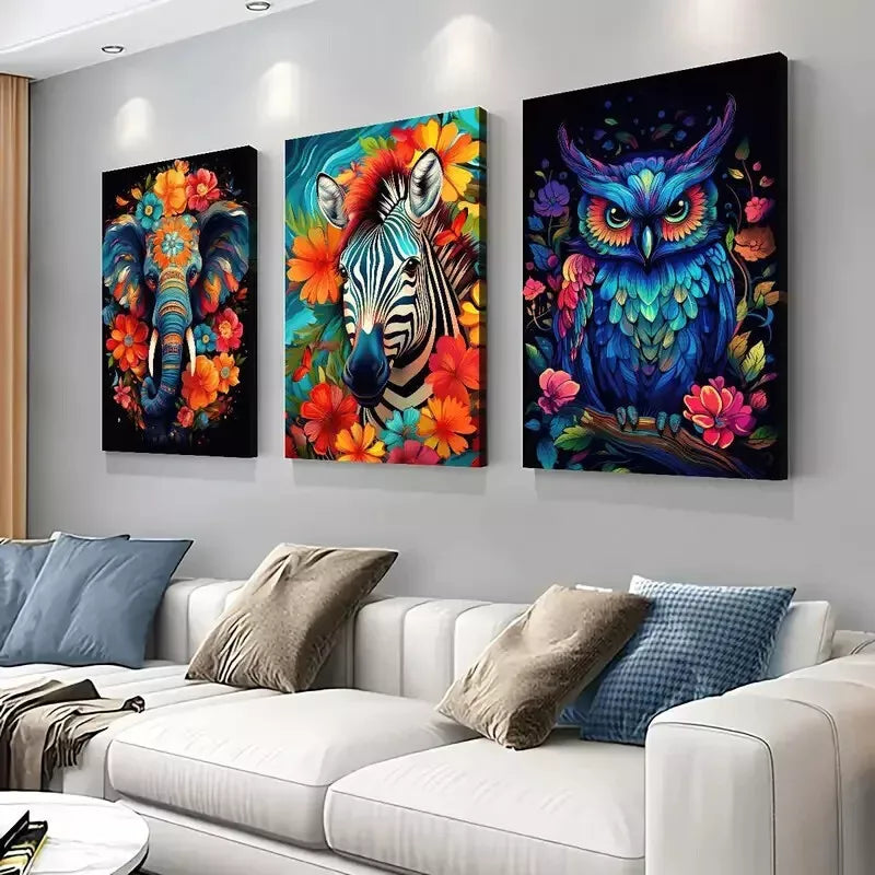 3pcs Vibrant Animal with Floral Accents Wall Art Set Canvas Framed 40x60cm - High Quality Print 100% Australian Made Wall Canvas Ready to Hang