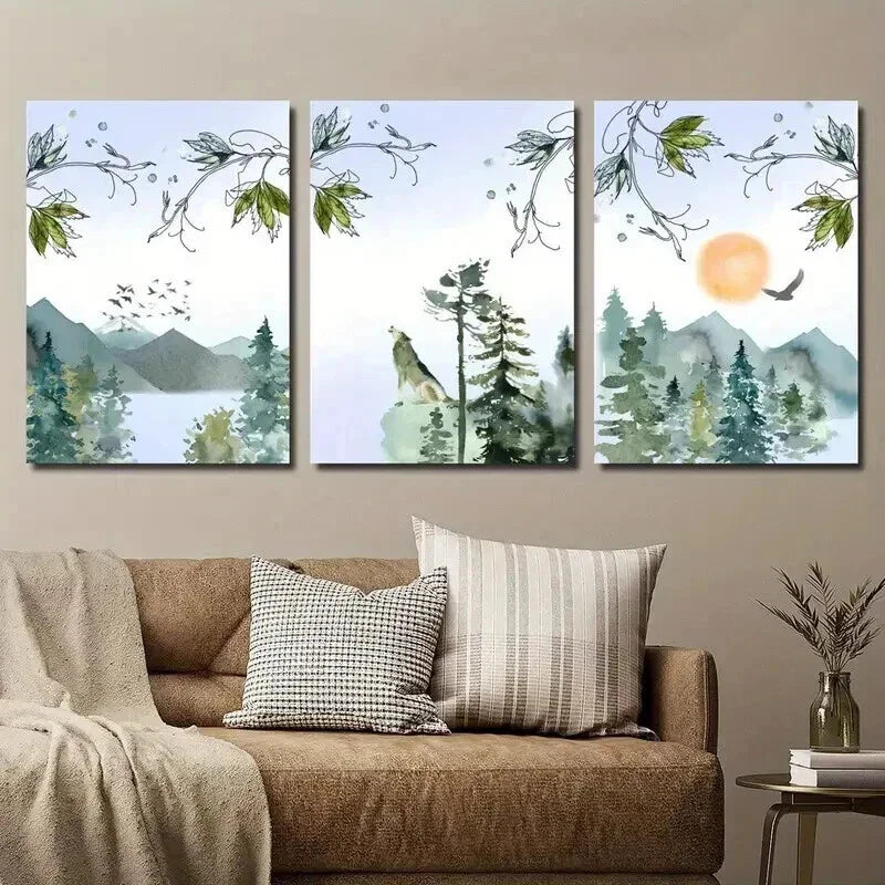 3pcs Abstract Landscape Painting with Sun Wall Art Set Canvas Framed 40x60cm - High Quality Print 100% Australian Made Wall Canvas Ready to Hang