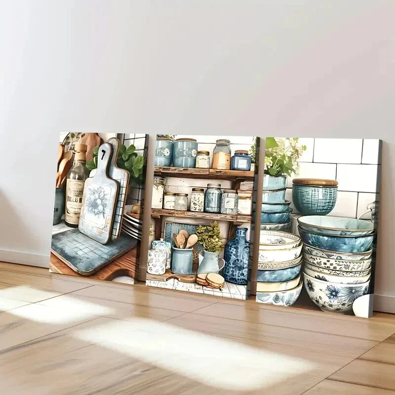 3pcs Modern American Art Deco Style Blue White Wall Art Set Canvas Framed 40x60cm - High Quality Print 100% Australian Made Wall Canvas Ready to Hang