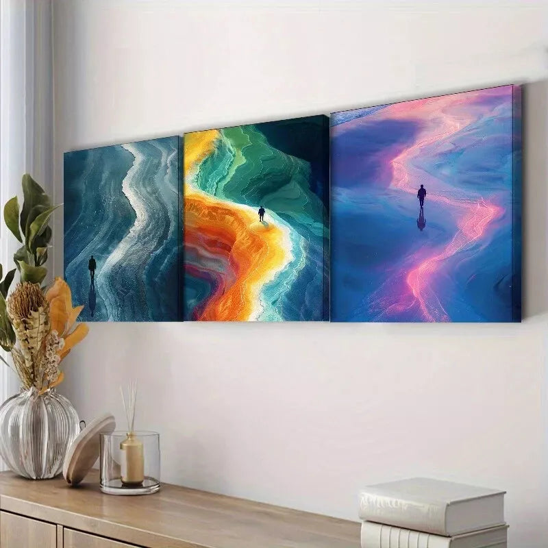 3pcs One Man Walking Along Chaka Slat Lake Wall Art Set Canvas Framed 40x60cm - High Quality Print 100% Australian Made Wall Canvas Ready to Hang