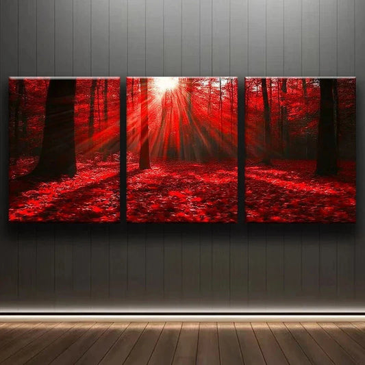 3pcs Abstract Red Modern Forest Sunrise Metal Print Ready to Hang Art