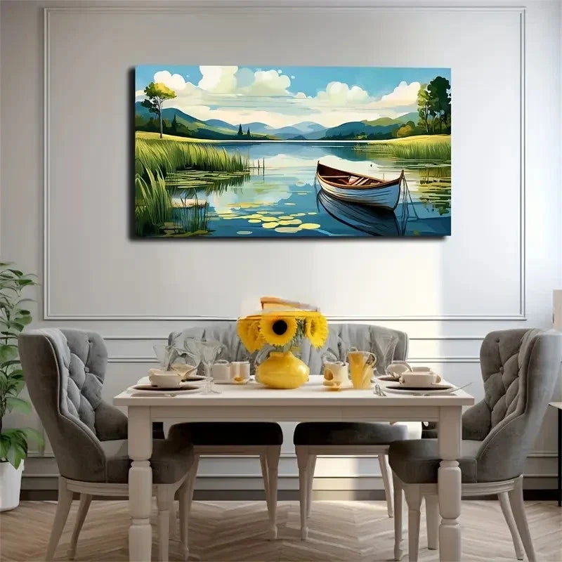 Rowboat & Lush Greenery Lake Wall Art Canvas Office Home Room Framed 120x60cm