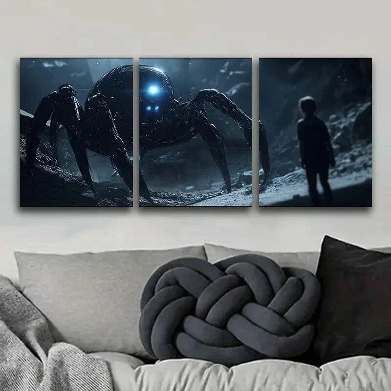 3pcs Featuring Large Mechanical Spiders, Metal Print Ready to Hang Art