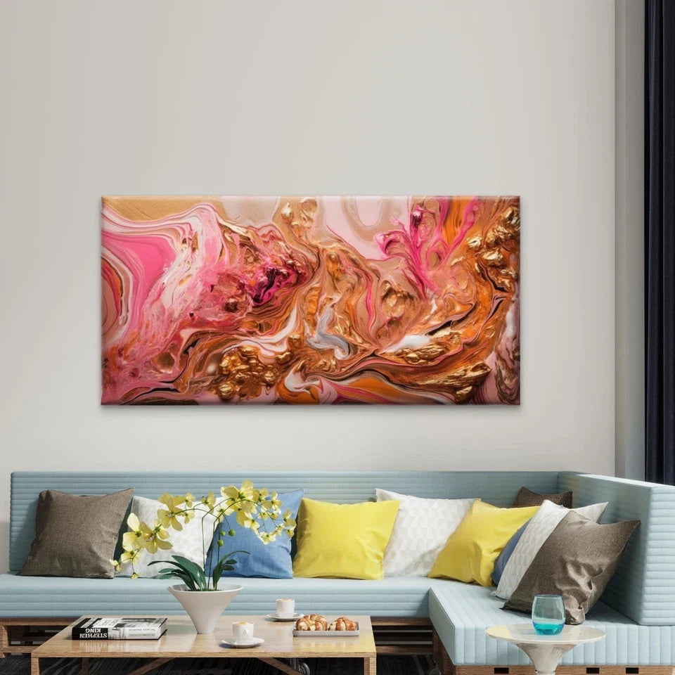 Pink And Gold Abstract Swirl Wall Art Canvas Office Home Room Framed 120x60cm