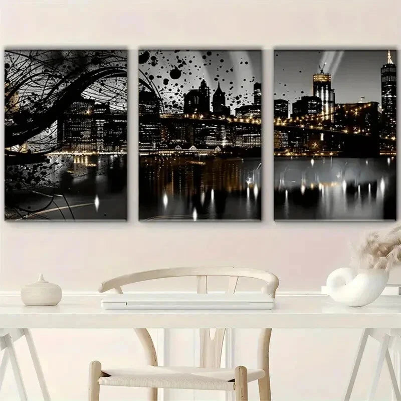3pcs Night View Sky line Black City Metal Print Ready to Hang Art