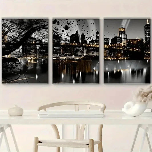 3pcs Night View Sky line Black City Metal Print Ready to Hang Art